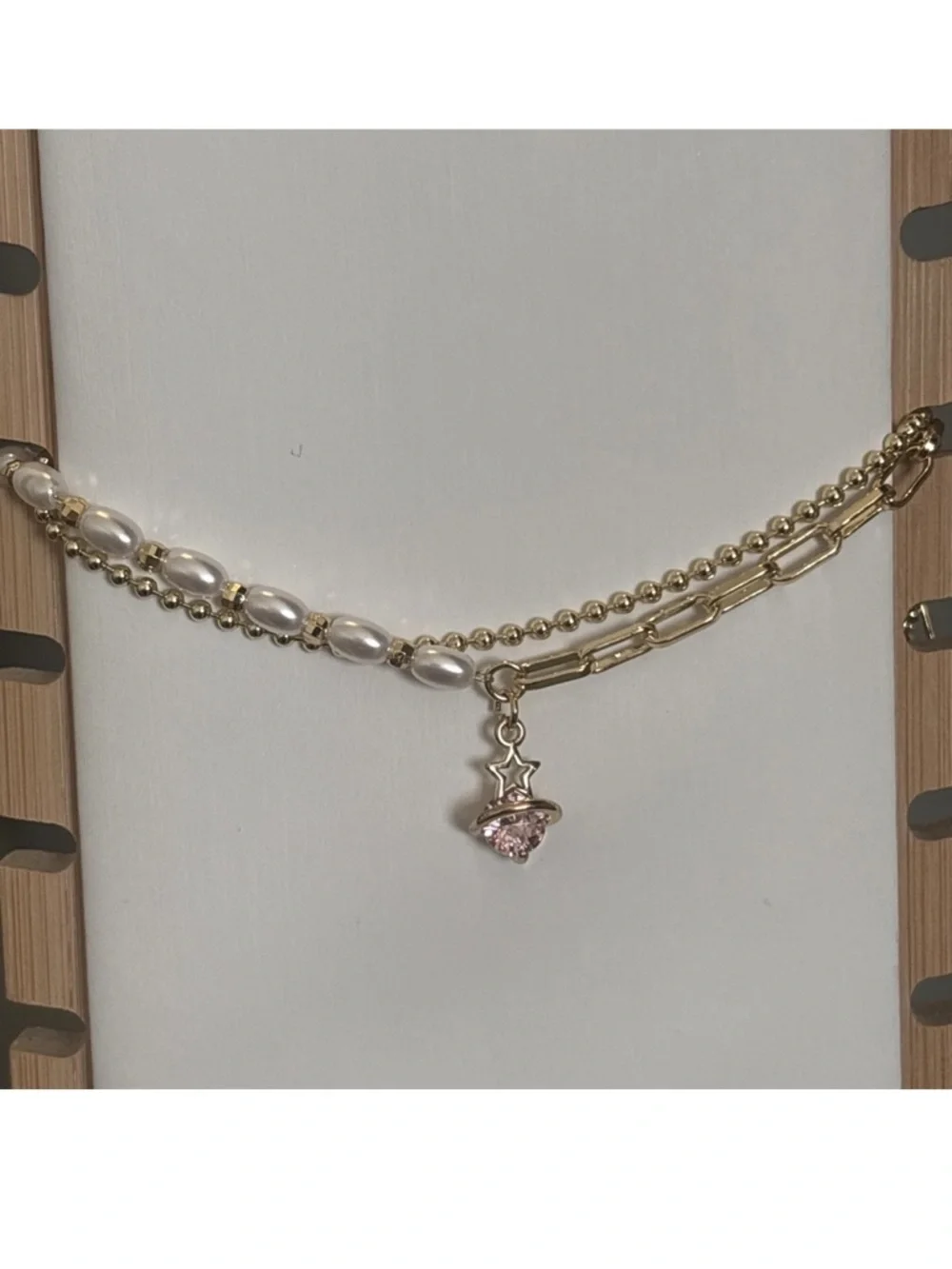 Gold Plated Layered Bracelet Faux Pearl Chain Pink CZ Celestial Charm Adjustable - Picture 7 of 11